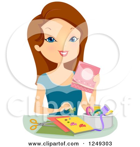 Clipart of a Brunette Caucasian Woman Making Cards - Royalty Free Vector Illustration by BNP Design Studio