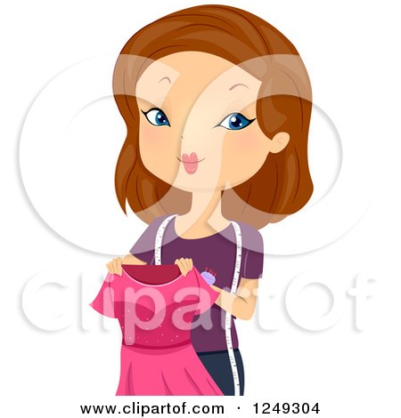 Clipart of a Brunette Caucasian Dressmaker Woman Holding a Pink Dress - Royalty Free Vector Illustration by BNP Design Studio