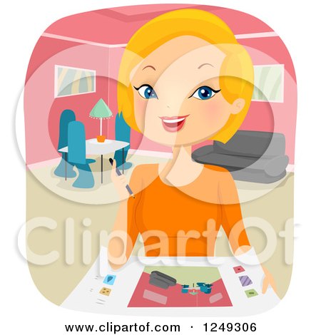 Clipart of a Blond Caucasian Woman Interior Designer Working - Royalty Free Vector Illustration by BNP Design Studio