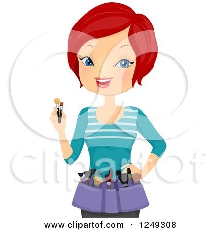 Clipart of a Red Haired Caucasian Woman Make up Artist with Tools - Royalty Free Vector Illustration by BNP Design Studio