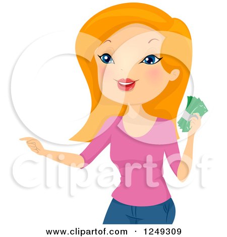 Clipart of a Strawberry Blond Caucasian Woman Holding Cash Money - Royalty Free Vector Illustration by BNP Design Studio