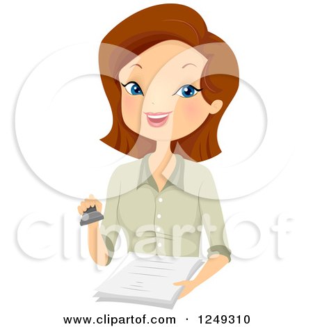 Clipart of a Brunette Caucasian Woman Notary Holding a Stamp and Documents - Royalty Free Vector Illustration by BNP Design Studio