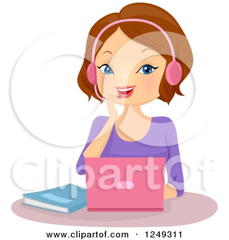 Clipart of a Brunette Caucasian Woman Language Tutor on a Laptop - Royalty Free Vector Illustration by BNP Design Studio