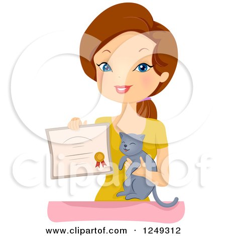 Clipart of a Brunette Caucasian Woman Holding a Cat and Certificate - Royalty Free Vector Illustration by BNP Design Studio
