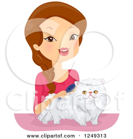 Clipart of a Brunette Caucasian Woman Brushing Her Persian Cat - Royalty Free Vector Illustration by BNP Design Studio