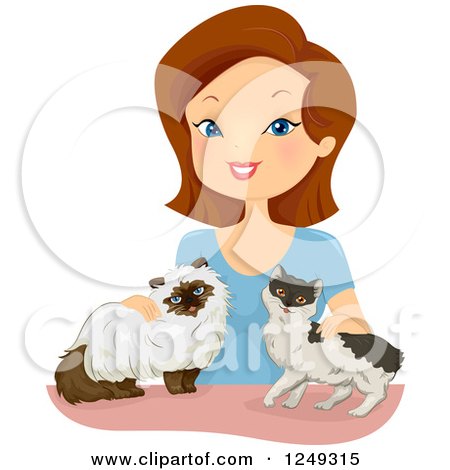 Clipart of a Brunette Caucasian Woman Petting Her Cats - Royalty Free Vector Illustration by BNP Design Studio