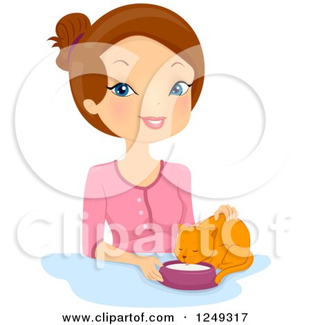 Clipart of a Brunette Caucasian Woman Feeding a Ginger Cat Milk - Royalty Free Vector Illustration by BNP Design Studio