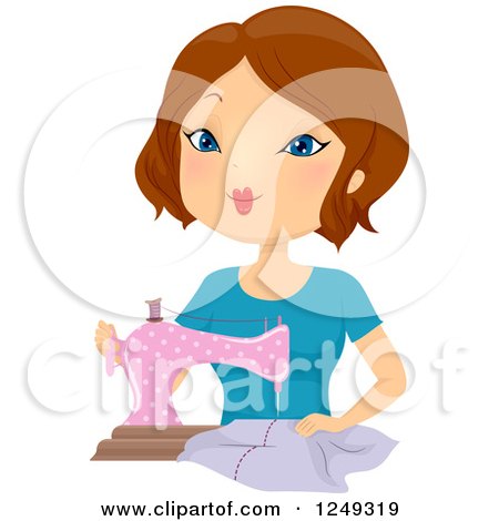 Clipart of a Brunette Caucasian Woman Sewing with a Machine - Royalty Free Vector Illustration by BNP Design Studio