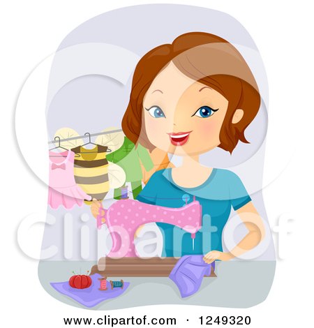 Clipart of a Brunette Caucasian Woman Sewing Baby Costumes - Royalty Free Vector Illustration by BNP Design Studio