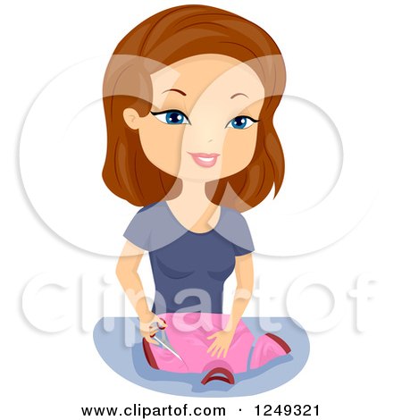 Clipart of a Brunette Caucasian Woman Cutting off Sleeves of a Shirt - Royalty Free Vector Illustration by BNP Design Studio