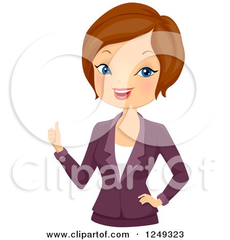 Clipart of a Corporate Brunette Caucasian Woman in a Blazer, Holding a Thumb up - Royalty Free Vector Illustration by BNP Design Studio