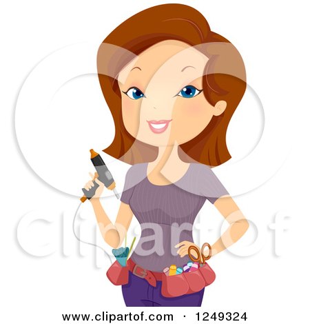 Clipart of a Brunette Caucasian Woman with a Glue Gun and Accessory Belt - Royalty Free Vector Illustration by BNP Design Studio