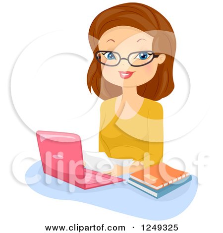 Clipart of a Brunette Caucasian Woman Editor Using a Laptop Computer - Royalty Free Vector Illustration by BNP Design Studio