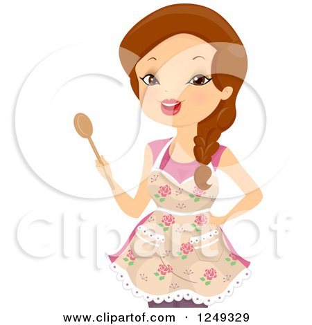 Clipart of a Brunette Caucasian Woman in an Apron and Holding a Spoon - Royalty Free Vector Illustration by BNP Design Studio