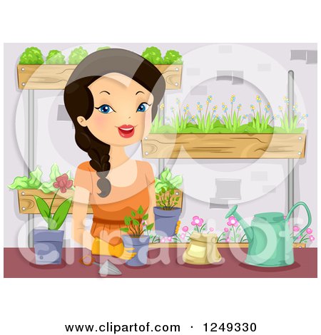 Clipart of a Happy Woman Planting a Vertical Garden - Royalty Free Vector Illustration by BNP Design Studio