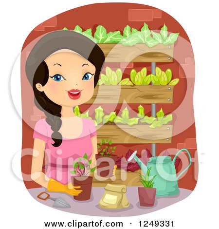 Clipart of a Woman Working on a Vertical Garden - Royalty Free Vector Illustration by BNP Design Studio