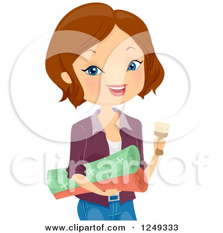 Clipart of a Brunette Caucasian Woman Designer with Wallpaper - Royalty Free Vector Illustration by BNP Design Studio