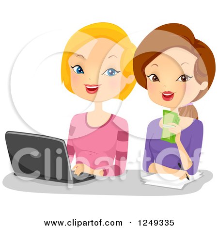 Clipart of Blond and Brunette Caucasian Women Using a Laptop Computer - Royalty Free Vector Illustration by BNP Design Studio