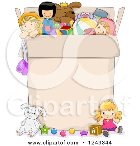 Clipart of a Box Full of Girl Toys with Text Space - Royalty Free Vector Illustration by BNP Design Studio