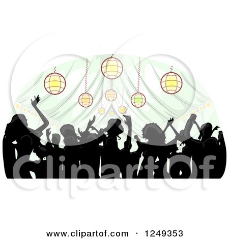 Clipart of a Silhouetted Crowd Dancing Inside a Wedding Reception Party Tent - Royalty Free Vector Illustration by BNP Design Studio