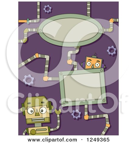 Clipart of a Purple Background with Robots and Frames - Royalty Free Vector Illustration by BNP Design Studio