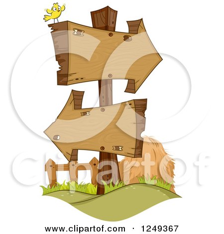 Clipart of a Yellow Bird on a Stand with Wooden Arrow Signs - Royalty Free Vector Illustration by BNP Design Studio