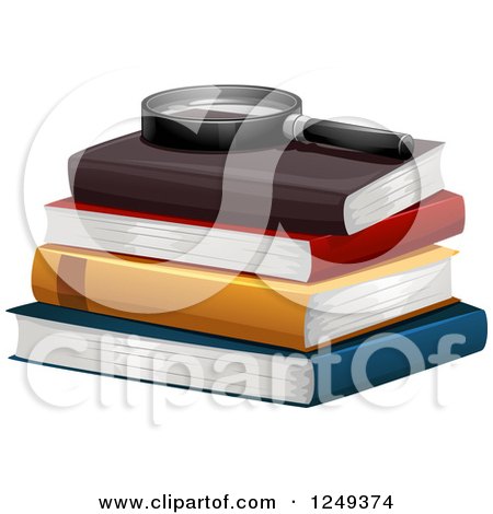Clipart of a Magnifying Glass Resting on Books - Royalty Free Vector Illustration by BNP Design Studio