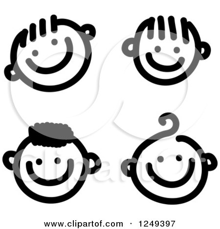 Clipart of Black and White Sketched Happy Boy Faces - Royalty Free Illustration by Prawny