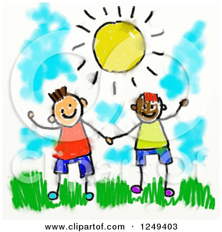 Clipart of a Smudged Sketch of Happy Boys Under the Sun - Royalty Free Illustration by Prawny