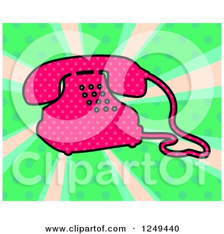 Clipart of a Retro Hot Pink Telephone over Rays and Dots - Royalty Free Illustration by Prawny