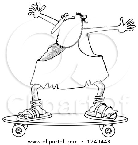 Clipart of a Black and White Skateboarding Caveman Holding His Arms up - Royalty Free Vector Illustration by djart