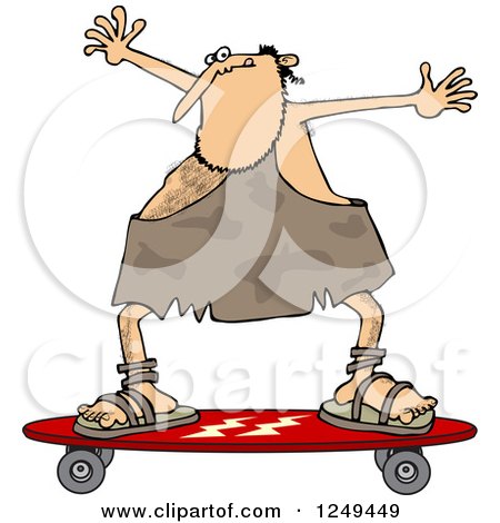 Clipart of a Skateboarding Caveman Holding His Arms up - Royalty Free Vector Illustration by djart