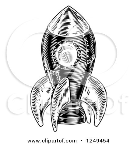 Clipart of a Black and White Woodcut Rocket - Royalty Free Vector Illustration by AtStockIllustration