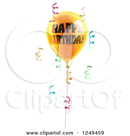 Clipart of a 3d Yellow Party Balloon and Confetti Ribbons with Happy Birthday Text - Royalty Free Vector Illustration by AtStockIllustration