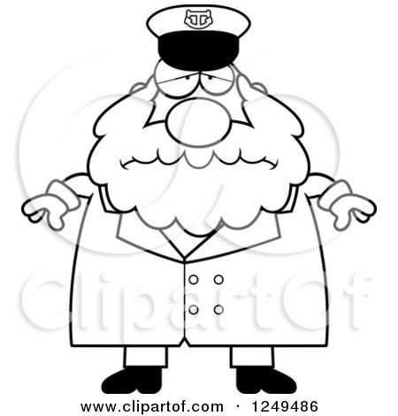 Clipart of a Black and White Depressed Chubby Sea Captain Man - Royalty Free Vector Illustration by Cory Thoman