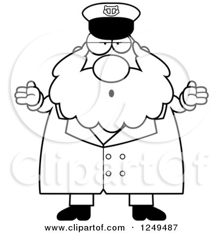 Clipart of a Black and White Careless Shrugging Chubby Sea Captain Man - Royalty Free Vector Illustration by Cory Thoman