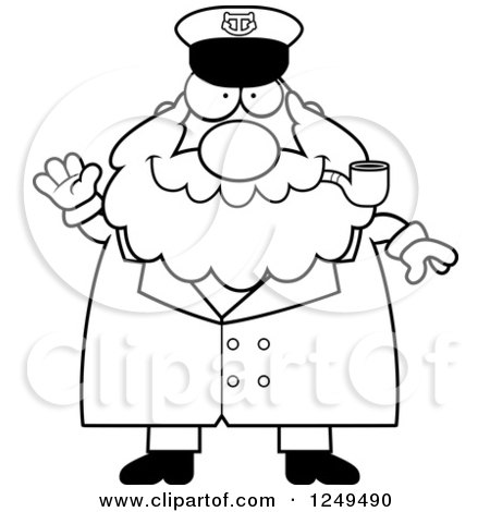 Clipart of a Black and White Friendly Waving Chubby Sea Captain Man Smoking a Pipe - Royalty Free Vector Illustration by Cory Thoman
