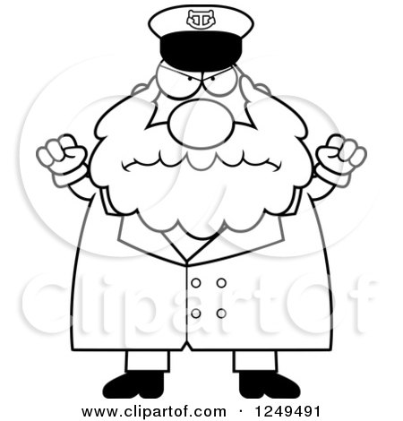 Clipart of a Black and White Mad Chubby Sea Captain Man with Balled Fists - Royalty Free Vector Illustration by Cory Thoman