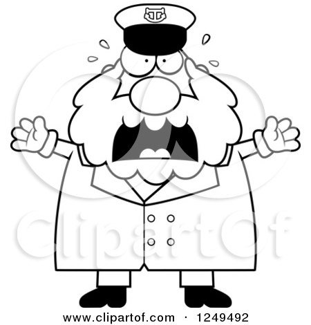 Clipart of a Black and White Scared Screaming Chubby Sea Captain Man - Royalty Free Vector Illustration by Cory Thoman