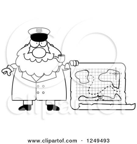 Clipart of a Black and White Happy Chubby Sea Captain Man with a Map - Royalty Free Vector Illustration by Cory Thoman