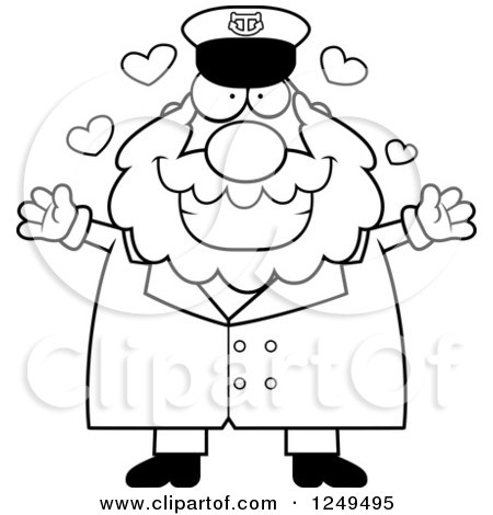 Clipart of a Black and White Loving Chubby Sea Captain Man Wanting a Hug - Royalty Free Vector Illustration by Cory Thoman