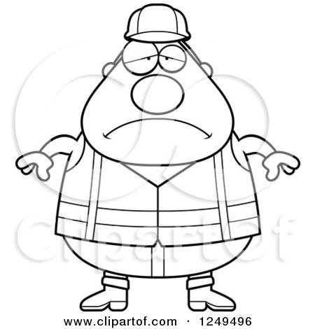 Clipart of a Black and White Depressed Chubby Road Construction Worker Man - Royalty Free Vector Illustration by Cory Thoman