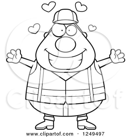 Clipart of a Black and White Loving Chubby Road Construction Worker Man Wanting a Hug - Royalty Free Vector Illustration by Cory Thoman