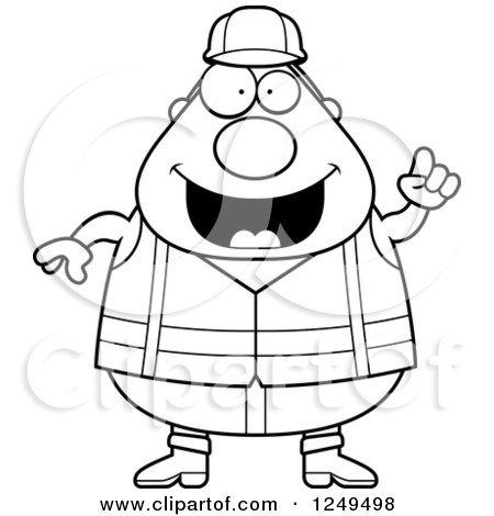 Clipart of a Black and White Smart Chubby Road Construction Worker Man with an Idea - Royalty Free Vector Illustration by Cory Thoman