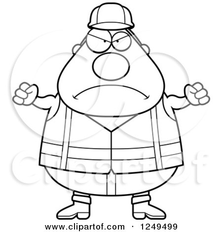 Clipart of a Black and White Mad Chubby Road Construction Worker Man with Balled Fists - Royalty Free Vector Illustration by Cory Thoman