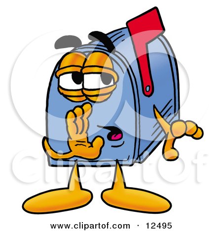 Clipart Picture of a Blue Postal Mailbox Cartoon Character Whispering and Gossiping by Mascot Junction