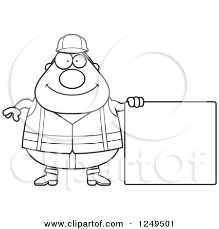 Clipart of a Black and White Happy Chubby Road Construction Worker Man Holding a Blank Sign - Royalty Free Vector Illustration by Cory Thoman