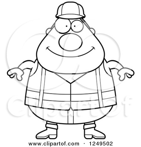 Clipart of a Black and White Happy Chubby Road Construction Worker Man - Royalty Free Vector Illustration by Cory Thoman