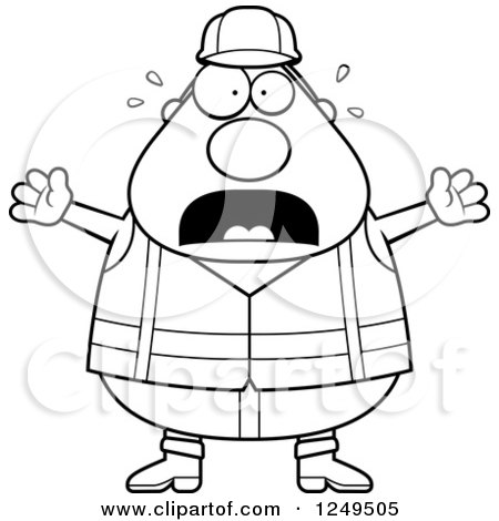 Clipart of a Black and White Scared Screaming Chubby Road Construction Worker Man - Royalty Free Vector Illustration by Cory Thoman