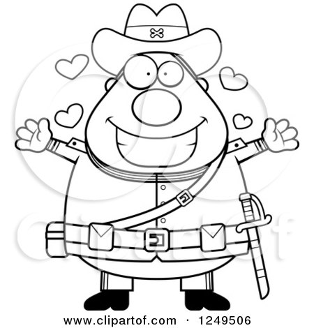 Clipart of a Black and White Loving Chubby Civil War Confederate Soldier Man Wanting a Hug - Royalty Free Vector Illustration by Cory Thoman
